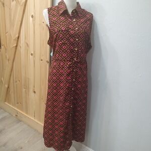 MPH Sz 1X Pink Brown Geometric Print Sleeveless Dress Drawstring Waist Long